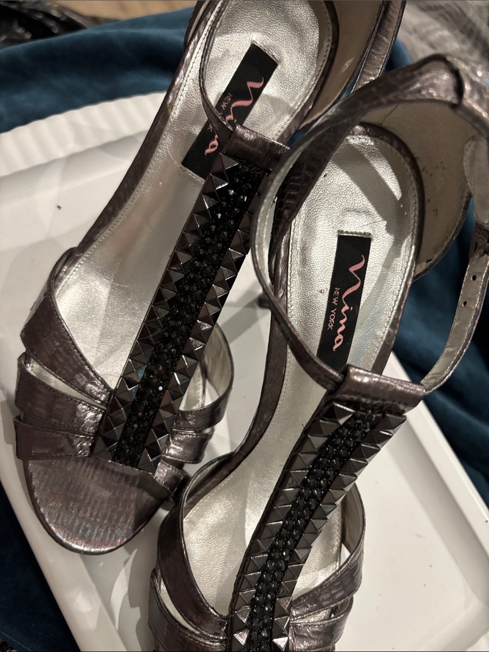 Nina Gunmetal T-Strap Studded Dress Heels